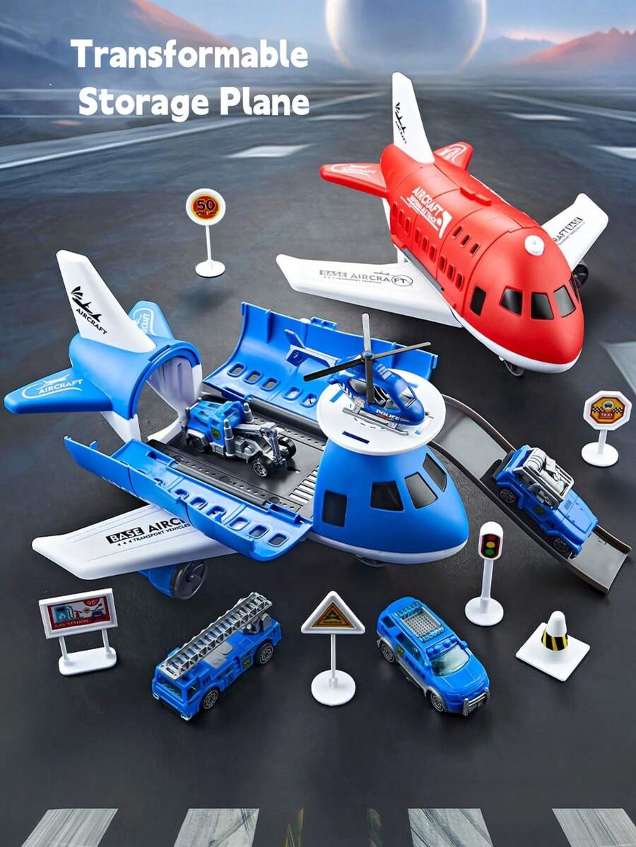 飛機玩具附小汽車,7合1空中消防隊,含場景訓練地圖與消防安全警告標誌,角色扮演,適合3歲以上男孩女孩的完美節日與生日禮物,小人飛機玩具 - 彩色 - 查看 1