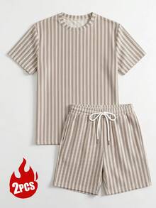 Set Kasual Pria: Kaos Lengan Pendek Kerah Bulat dan Celana Pendek Tali Serut - Light Grey - View 8
