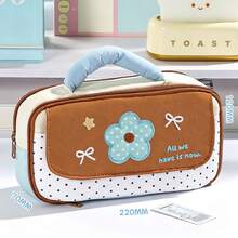 1pc Embroidery Flower Bow Handheld Pencil Case, Polka Dot Splicing Large Capacity Multi-Layer Pen Bag With Handle, Sweet "All We Have Is Now" Letter Print Zipper Stationery Storage Pouch, Portable Student School Supplies Organizer, Back To School - Pencil Case - View 6