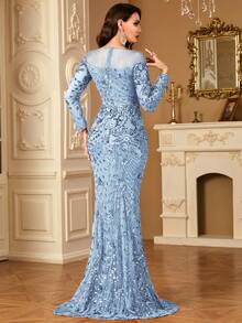 hezixi High-Quality Elastic Sequin Evening Gown, Featuring Sheer Round Neck Design, Slim Fit, Mermaid Hem, Unique Design Wedding Party - 藍色 - 查看 7
