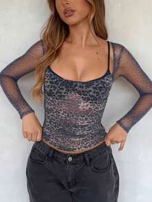 Women's Autumn Leopard Print Top With Large Scoop Neck And Long Sleeves, Suitable For Dates And Parties - Grey - View 5