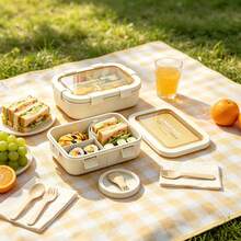 1pc Lunch Box With Soup Bowl (Food Container), Foldable Spoon, Microwave , Dishwasher , Suitable For School, Travel, Picnic, Work (Beige) - Multicolor - View 7