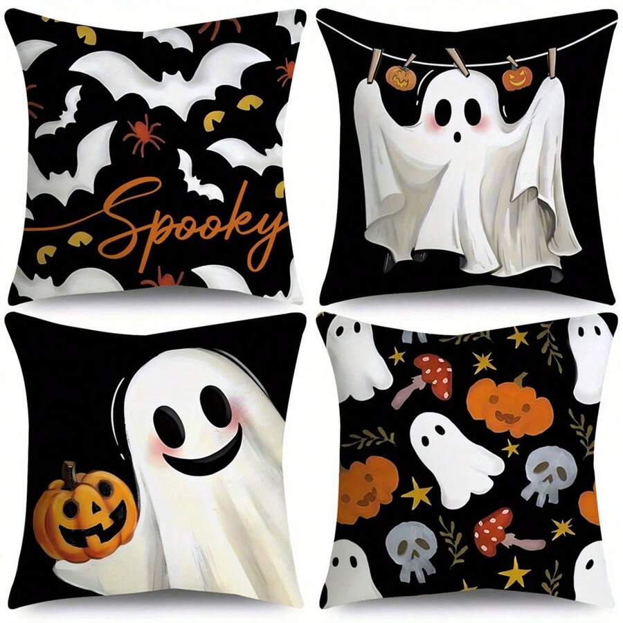 4pcs Cute Ghost Halloween Pillow Covers, Cartoon Bat, Spider, Pumpkin, Skull, Mushroom Cushion Covers, Black Background Minimalist Spooky Farmhouse Style Sofa Home Decor, Single-Sided, Pillow Insert Not Included - Black - View 1