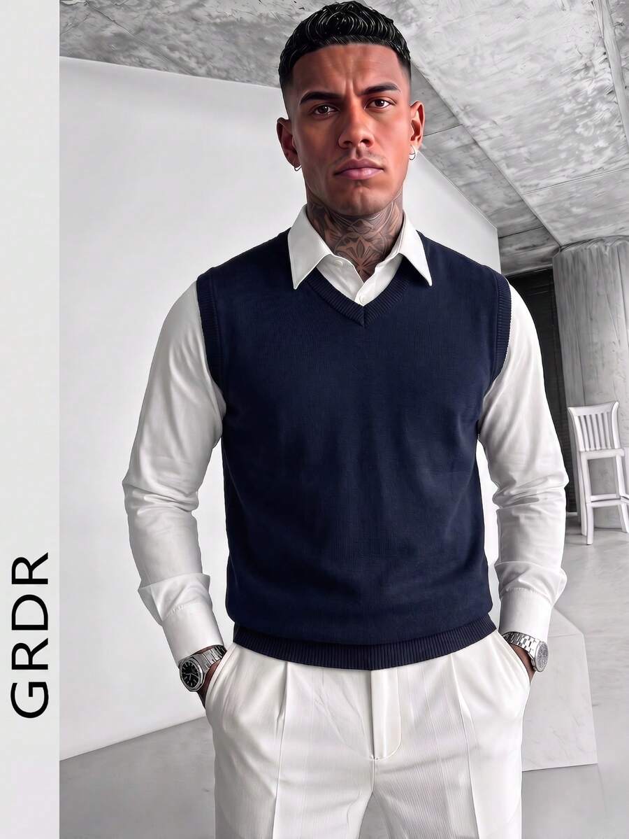 GRDR Men's Solid Color V-Neck Casual Versatile Knitted Vest