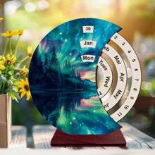 1pc Wooden Manual Rotating Calendar Ornament, Vibrant Aurora Landscape Art Desk Calendar, Fashion 2D Flat Decoration, Suitable For Home, Office, Bedroom, Commemorative Gift For Classmates And Friends - Colorful Aurora - View 5