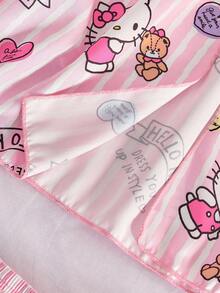 SANRIO 两件套女士Hello Kitty睡衣套装，粉白条纹，露背开衩，字母爱心印花，波点，V领，蕾丝拼接，短款睡衣，可爱睡衣套装，甜美家居服套装 - 粉色 - 查看 10