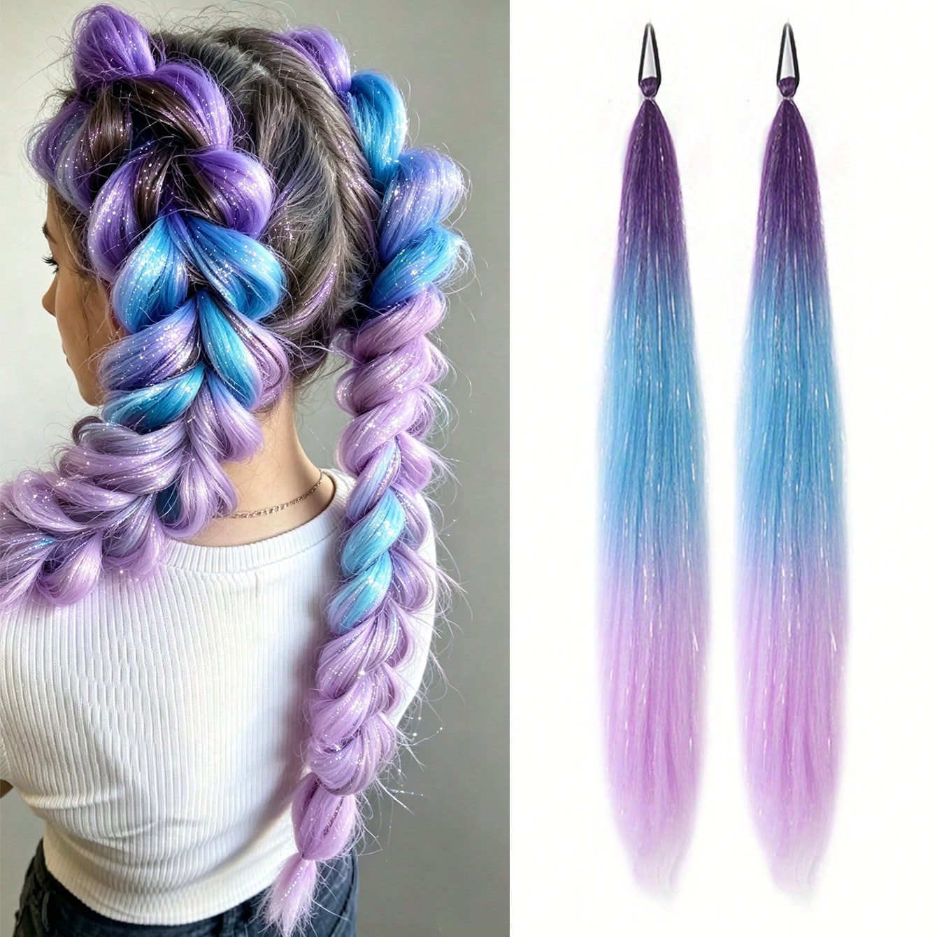 2pcs 26 Inch Gradient Purple Braided Hair Extensions With Elastic Band, Women's Hair Extensions, DIY Braided Ponytail, Synthetic Material