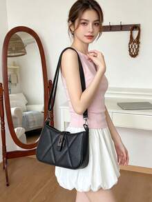 2026 Women's Faux Leather Litchi Grain Small Square Underarm Bag, Versatile Soft Leather Shoulder Bag With Dual Straps For Commuting And Crossbody Wear - Black - View 4