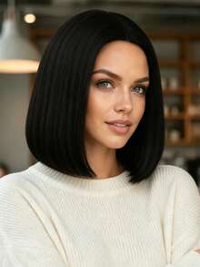 12 Inch Black Middle Part Women's Wig, High Temperature Synthetic Straight Hair, Elegant And Versatile, Natural Style, Suitable For Various Parties And Ball Gowns - Black - View 3
