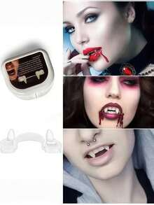 4/2/1pc Halloween Retractable Vampire Fangs Costume Prop, Halloween Vampire Zombie Teeth Cosplay Makeup Party Accessory Blood Red Fake Teeth - / - View 3