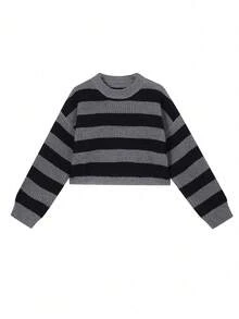 Women's Round Neck Long Sleeve Striped Casual Sweater, Random Cut Fall - Grey - View 4