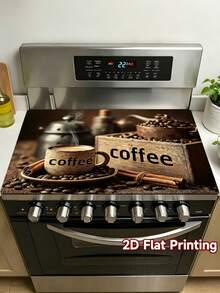 1pc 2D Flat Coffee-Themed Stove Top Cover - Gas/ Flat Stovetop & Glass Cooktop Compatible, Coffee Bean & Coffee Cup Design With Cinnamon Sticks - Easy-Clean Appliance Mat For Ovens, Washers, Dryers, Stove Panels, Kitchen Essentials - 20.5x28.3吋/52x72厘米 - 查看 1