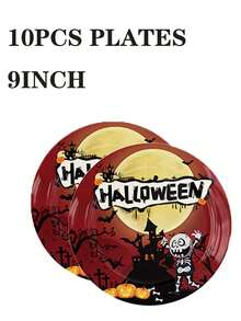 Juego de 50 piezas de vajilla desechable para Halloween, platos de papel, vasos y servilletas con estampado de casa embrujada, calabaza, murciélago y Trick or Treat, tema clásico de Halloween naranja, suministros para fiesta infantil, elementos esenciales para la decoración de la mesa de cena familiar de Halloween - Multicolor - Ver 13