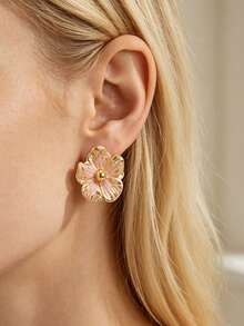 1 Pair Fashionable High-End Elegant Sweet Minimalist Versatile Pink Colorful Oil-Drip Enamel Five-Petal Flower Petal Women's Dopamine Stud Earrings Suitable For Daily Wear, Vacation, Friend Gift - Pink - View 2