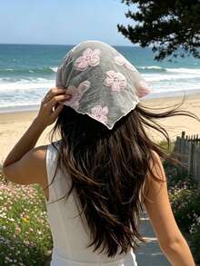 1 pieza Pañuelo triangular de malla transparente estilo francés romántico con bordado floral color macaron dopamina, accesorio versátil para el cabello de mujer estilo calle dulce para vacaciones en la playa - Multicolor - Ver 11