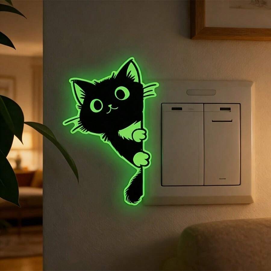 1/2 Pcs Green Glow-In-The-Dark Peeking Cat Wall Decal - 2D Flat Self-Adhesive PVC Sticker For Entryway, Bedroom, Kitchen, Living Room & Shop Decor, Cute Animal Home Art - Black Cat Wall Sticker - View 1