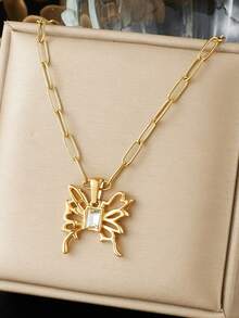 1pc Fashion Versatile Hollow Out Diamond Set Butterfly Insect Pendant Gold Plated Stainless Steel Jewelry Necklace - Gold - View 6