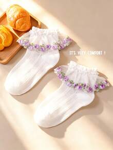 1 Pair Girls/Infant White Lace Socks, Purple Embroidered Lace Mesh Breathable Fashion Princess Socks, Floral Vine Decor Lace, Soft Comfortable Short Socks, Suitable For Infant Daily Wear/Holiday Gift/Valentine's Day Outfit/Wedding Season Outfit - White - View 11
