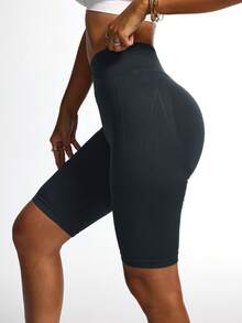 Leggings deportivos de punto sin costuras con cintura en V hasta la rodilla, cintura alta sin enrollamiento, suaves y amigables con la piel, para yoga, fitness y uso casual diario - Gris - Ver 8
