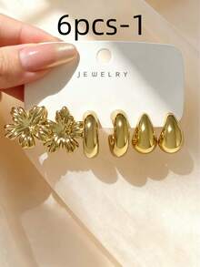 6/18pcs Elegant Women's Earring Set, Fashionable Charming Design, Floral Teardrop Twisted C-Shape And More Styles Multi-Piece Combination, Minimalist Gold Thick Earring Jewelry Accessories Suitable For Daily Wear - Gold - View 3