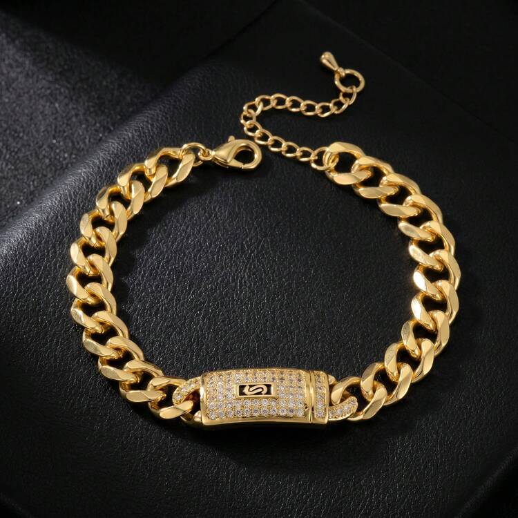 時尚奢華 18K 鍍金銅立方鋯石鏈手鍊，嘻哈街頭風，中性款，適合日常穿戴與派對 - 金色 - 查看 1