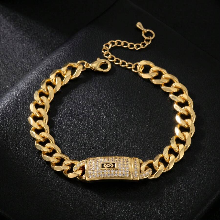 Fashion Luxury 18K Gold Plated Copper Cubic Zirconia Cuban Bracelet, Hip Hop Street Style, Unisex, Suitable For Daily Wear And Parties - Gold - View 1