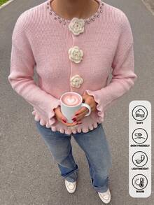 Romantic Pink Round Neck Knit Cardigan 3D Rose Fasteners Ruffle Edge Long Sleeve For Fall Holiday Brunch City Strolls - Pink - View 2