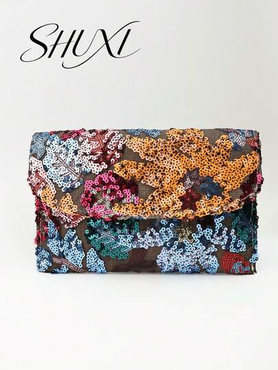Women's Clutch, Blue Sequin Embroidered Floral Pattern Envelope Bag, Random Floral Design, Suitable For Evening Party, Ball, Party And Other Occasions