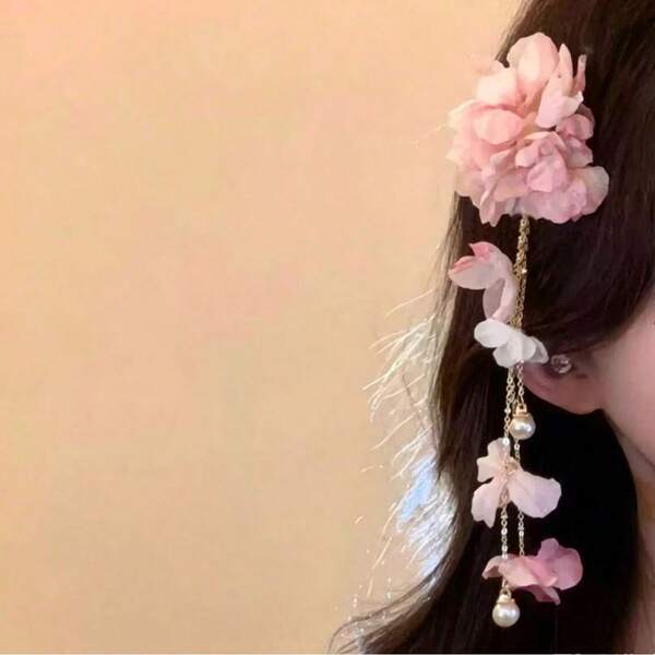 Ethereal Pink Tassel Artificial Flower Hair Clip Side Clip Accessory Headpiece Hair Ornament For Cheongsam And Hanfu
