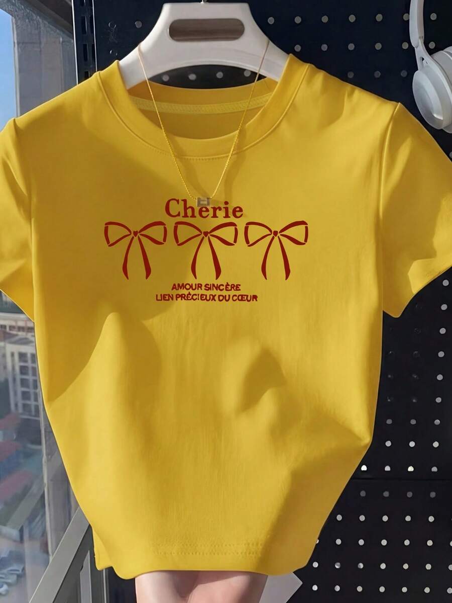 女款白色圓領短袖T恤 夏季新款韓系休閒風 紅色蝴蝶結印花修身短版上衣 百搭顯瘦 日常度假穿搭 - 黃色 - 查看 1