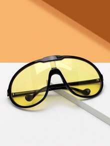 1pc Women's Oversized One-Piece Yellow Lens Fashion Glasses, Black Frame Oversized Glasses, Tropical Vacation Beach Eyewear - Yellow - View 5