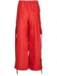 Y2K Women's Casual Red Parachute Pants Cargo Pockets Loose Wide Leg Street Style Practical Trousers Campus Outfit Back To School Daily Wear - Red - View 6