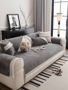 1pc Nordic Style Solid Color Minimalist Versatile Sofa Cushion, Lace Trim & Pom Pom Decor, All-Season Non-Slip Sofa Cover, Machine Washable, Pet-Friendly, Suitable For Single, Double, Triple, Quadruple And Sectional Sofas, Jacquard Craft, Home Decor - Dark Grey - View 1