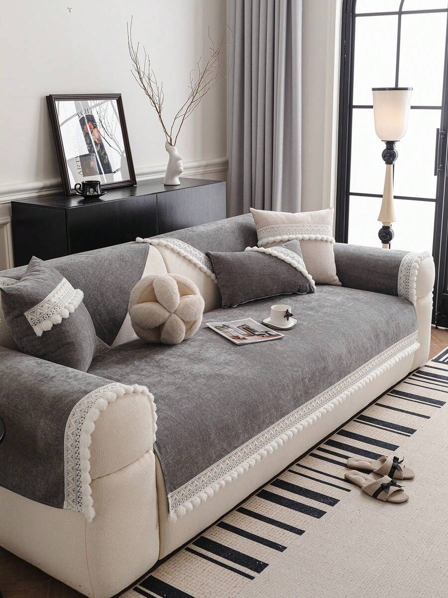 1pc Nordic Style Solid Color Minimalist Versatile Sofa Cushion, Lace Trim & Pom Pom Decor, All-Season Non-Slip Sofa Cover, Machine Washable, Pet-Friendly, Suitable For Single, Double, Triple, Quadruple And Sectional Sofas, Jacquard Craft, Home Decor - Dark Grey - View 1