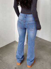 Women's Casual Elegant Flare Jeans, With Pockets And Zipper, Long Length, Medium Stretch, Y2K Retro Style Fall - Blue - View 3