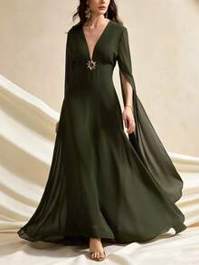 Aliao Elegant Chiffon Cinched Waist Metal Buckle Decor Flared Hem Long Sleeve Dress, Suitable For Elegant Ladies Concert, Brunch And Other Occasions, Full Of Bohemian Style - Army Green - View 4