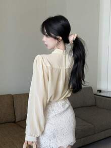 Women's Solid Color Elegant Bow V-Neck Long Sleeve Blouse - Apricot - View 4