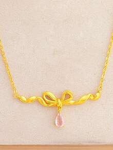 Shescity 1pc Pink Diamond Princess Silk Ribbon Bow Necklace, Luxury Fashion Girly Style, Rhinestone Inlaid Brushed Bow Pendant For Women - Gold - View 3