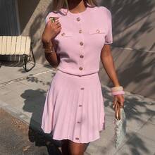 FOR BEAUTY Spring/Summer Women's Pink Round Neck Short Sleeve Knit Top With Pleated Skirt, Elegant Two Pieces Knit Set,Suitable For Parties And Dates - Pink - View 3
