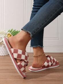 Classic Plaid Thick Stripe Criss-Cross Open Toe Plush Slippers For Women, Indoor Home Living Room Fashion Gift Slippers, Comfortable Breathable All-Season, Multiple Colors Available - Pink - View 6