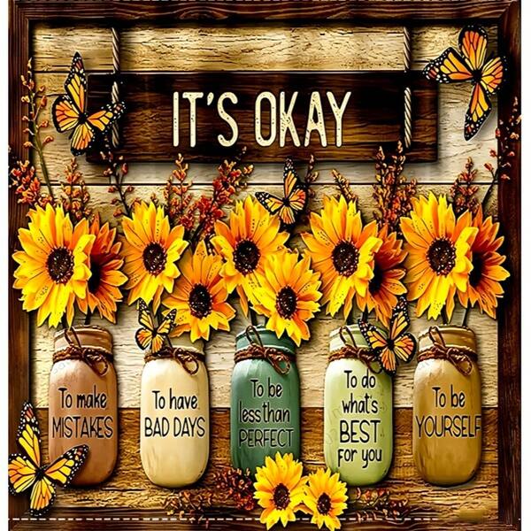 5D Full Drill Diamond Painting, Inspirational Quote Sunflower Jar Butterfly Countryside Wooden Wall Decor