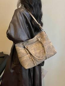 1件復古大容量手提包，復古PU肩背馬鞍包，女款休閒手提包與錢包 - 卡其色 - 查看 7