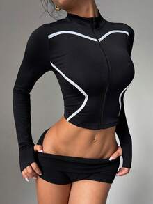 Spring/Autumn Slimming Tight-Fit Sports With Thumb Holes, Long Sleeve Outdoor Running Pilates Fitness Jacket - Black - View 2