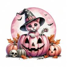 1/2/3PCS Stiker Transfer Panas yang Dapat Dicuci dengan Air, Anak Kucing Merah Muda Memakai Topi Penyihir Bersembunyi di Dalam dengan Kelelawar, Tengkorak, dan Daun Maple, Pola Kartun Halloween yang Manis, Cocok untuk Kaos, Tas, Bantal - Beraneka warna - View 2