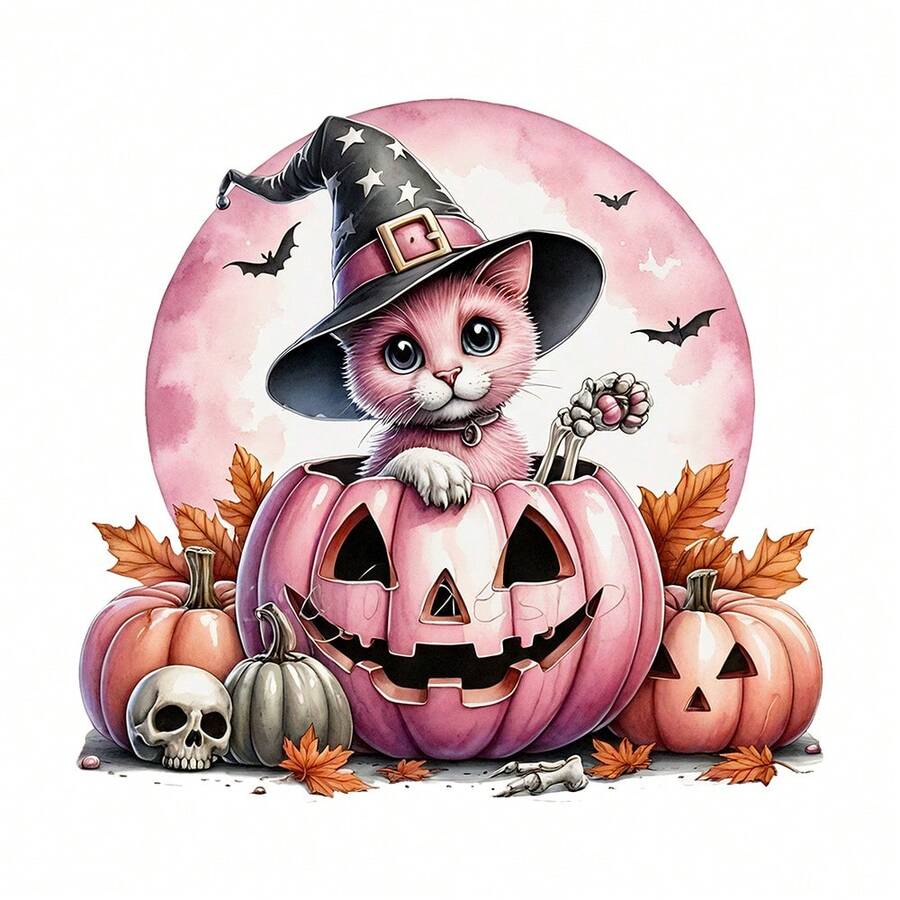 1/2/3PCS Stiker Transfer Panas yang Dapat Dicuci dengan Air, Anak Kucing Merah Muda Memakai Topi Penyihir Bersembunyi di Dalam dengan Kelelawar, Tengkorak, dan Daun Maple, Pola Kartun Halloween yang Manis, Cocok untuk Kaos, Tas, Bantal