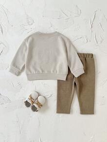 2Pcs/Set Baby Boy Towel Embroidered Round Neck Sweatshirt & Casual Long Pants Set, Spring/Autumn Baby Boy Clothing - Apricot - View 4