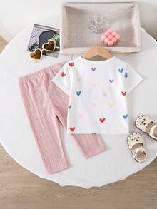 2 Peças/Conjunto Top de Manga Curta com Gola Redonda e Estampa de Gato de Desenho Animado Doce & Coração e Legging de Tricô Elástico com Cabo, Roupa Casual Leve e Respirável de Verão para Recém-Nascidos, 0-1-2-3 Anos, 6-9 Meses - Multicolorido - Visão 2