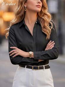 Vuslat 女士优雅商务休闲通勤修身白色纽扣领长袖缎面抗皱衬衫，适合办公室工作、日常正式会议穿着 - 黑色 - 查看 1