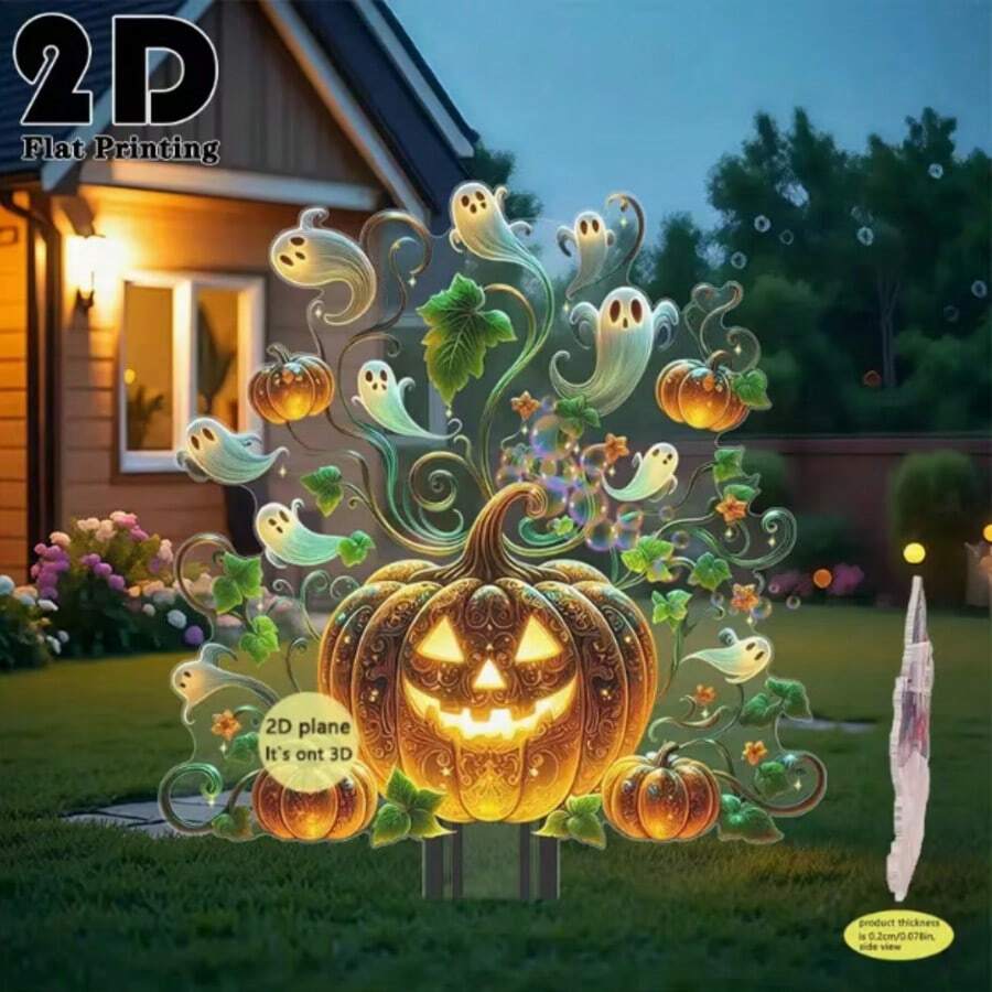 2D Flat Waterproof Weather-Resistant Acrylic Outdoor Ground Stake, Ghost Pumpkin Combination Print Durable Material, Halloween Party Lawn Decoration, Create Eerie Atmosphere Yard Display