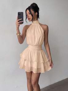 Elegant Fashion Halter Neck Backless Layered Ruffle Mini Dress Wedding - Apricot - View 4